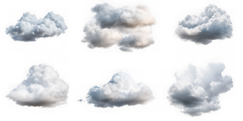 Collection of six fluffy white clouds isolated against a stark space on transparent background