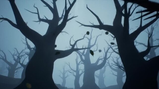 Eerie Silhouette: Foggy Forest of Bare Trees in Twilight