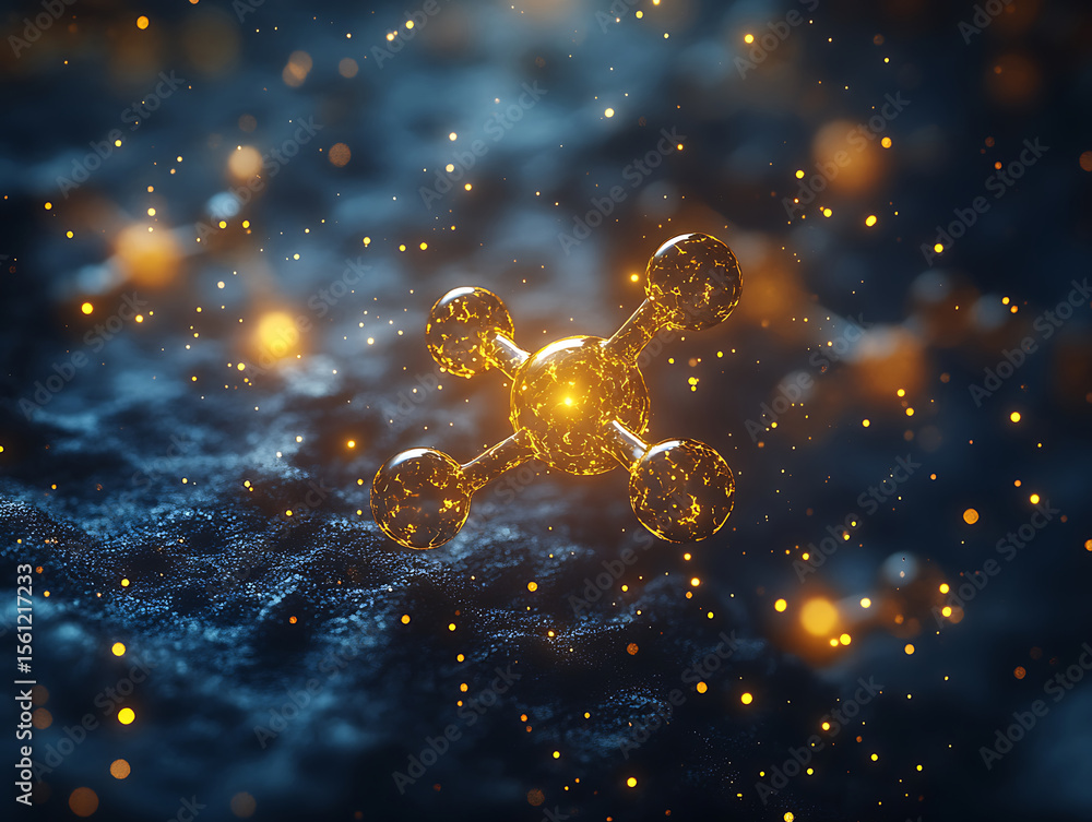 Aufkleber abstract molecule structure with glowing particles on dark rough surface scientific visualization an