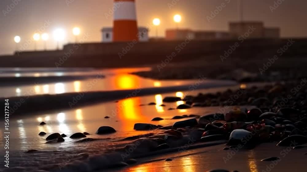 Poster coastal evening scene featuring a structure in the background sea reflections on wet sand under soft