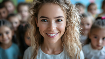 Fototapeta premium Beautiful professional female teacher of nursery school or kindergarten looking at camera while