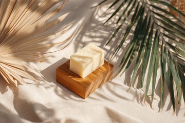 Natural Bar Soap on Bamboo Block Surrounded by Greenery and Light