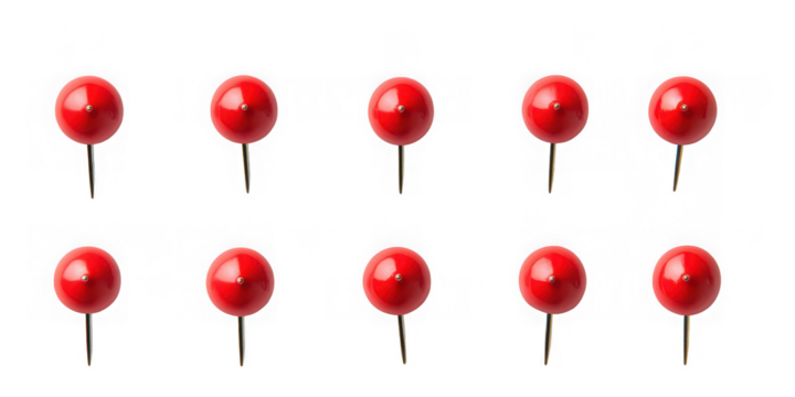 Arrangement of ten red push pins in two rows of five each on transparent background