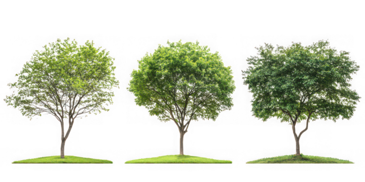 Three trees with green leaves standing on grass against  transparent background