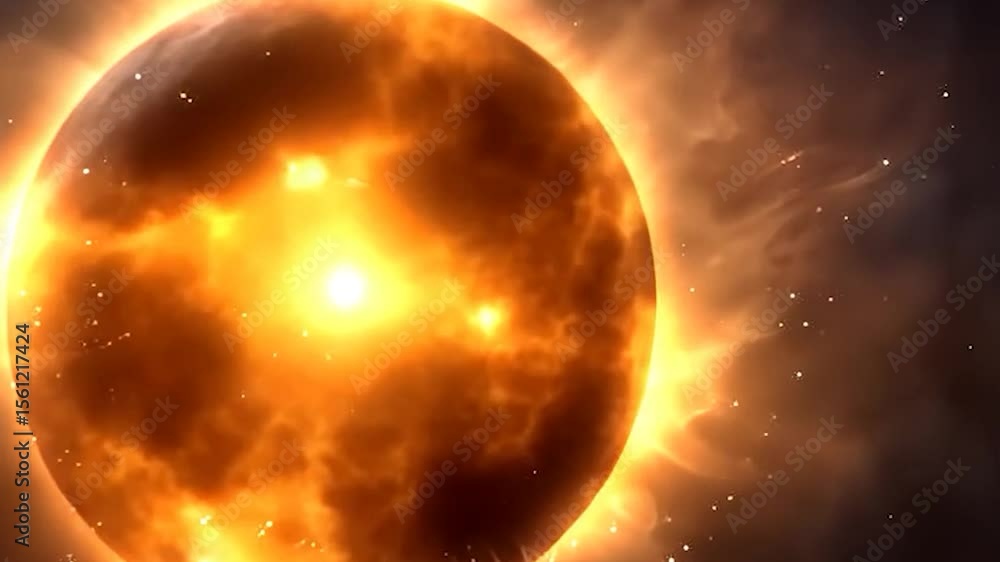 Poster dynamic video of a bright sun-like celestial object with surrounding fiery atmosphere. intense glowi