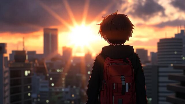 Animated video of person with red backpack looking at the city skyline at sunset with orange and yellow skies