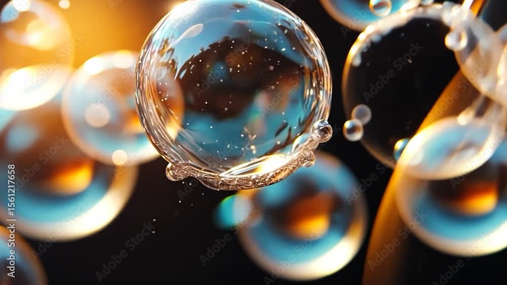Poster abstract composition featuring floating transparent spheres with water droplets. the scene is lit wi