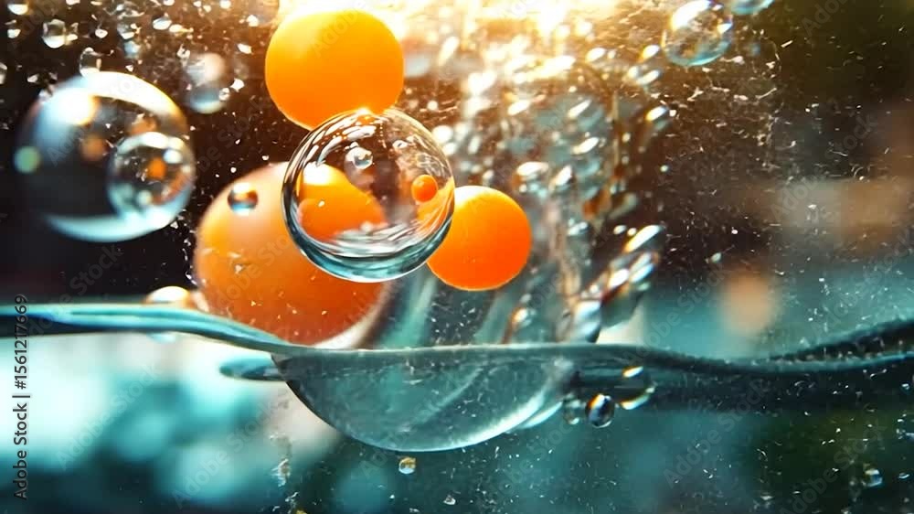 Poster close-up shot of water with air bubbles and orange spheres creating refraction effects under sunligh