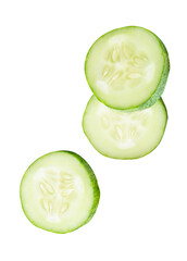 Top view set of fresh green cucumber slices in circle shape in stack isolated on white background with clipping path