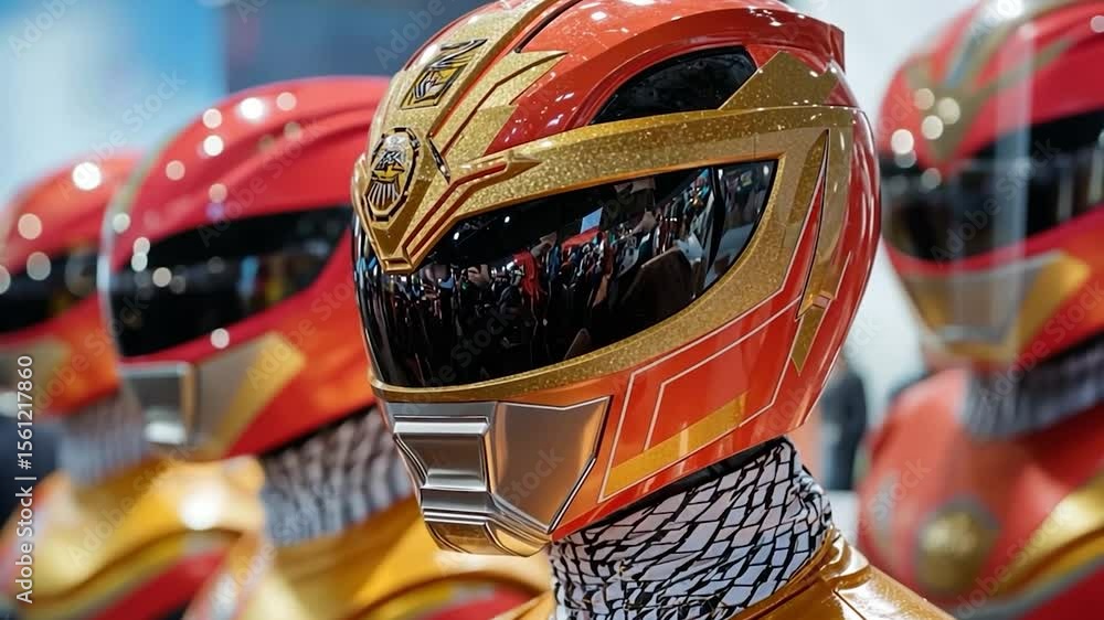 Poster close-up of multiple vibrant red and gold futuristic helmets in a row. each helmet features intricat