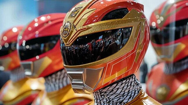 Close-up of multiple vibrant red and gold futuristic helmets in a row. Each helmet features intricate golden detailing and reflective visors, showcasing a futuristic aesthetic