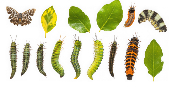 Various caterpillars and leaves arranged studio shot on transparent background