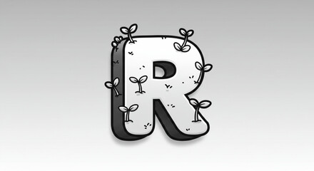 Monochrome vector drawing of the letter R with tiny sprouts. An artistic symbol of growth, environment, and organic concepts.
