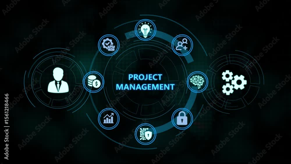 Poster futuristic animated illustration of business process automation and technology integration