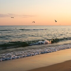 Obraz premium A cool summer beach with gentle waves rolling in