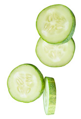 Top view set of fresh green cucumber slices in circle shape in stack isolated with clipping path in png file format