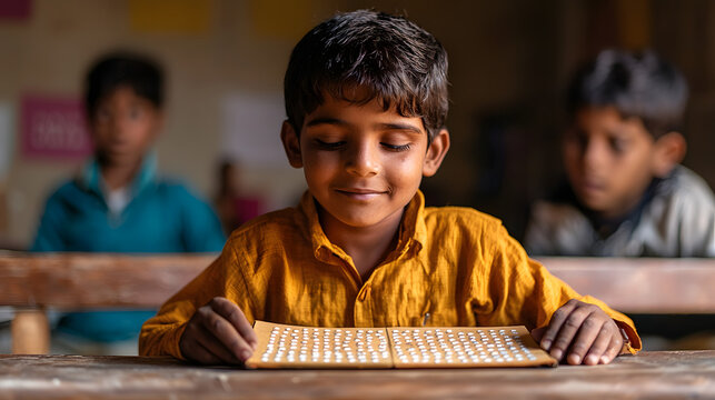 Blind child at school sitting in the classroom reading a book in braille