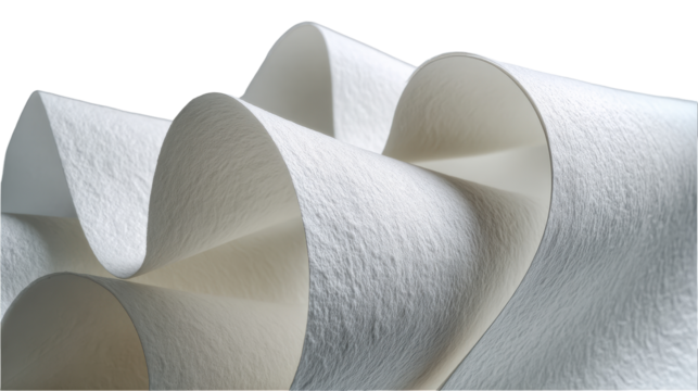Abstract composition of curled paper sheets in soft white tones. transparent background