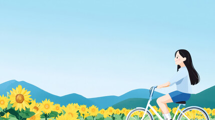 Girl riding bicycle through field of sunflowers under clear blue sky, enjoying peaceful and joyful moment in nature