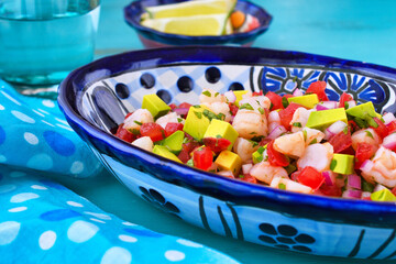 エビのセビーチェ（海老のセビーチェ）（セビチェ, セビッチェ）メキシコ料理 コピースペースあり Mexican shrimp ceviche（Mexican shrimp cebiche, Ceviche de camarón, Cebiche de camarón), copy space available

