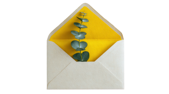 An envelope with a sprig of eucalyptus on a bright background. transparent background