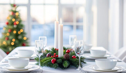 Elegant table setting with candles and greenery for a holiday meal
