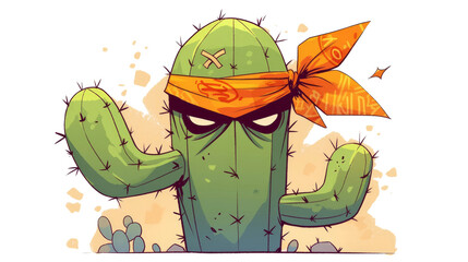 Cartoon green cactus with crossed bandages and bandana on transparent background.
