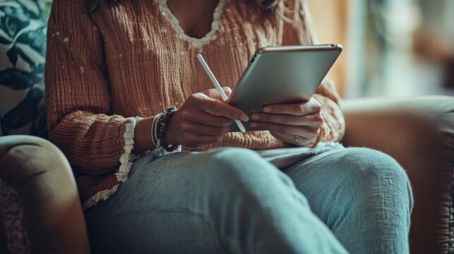 Close-up view of person using digital tablet at home.