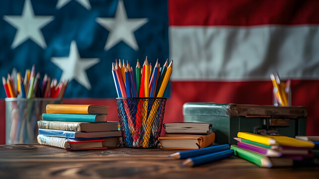Books and pencils in classroom on the background of the Texas flag