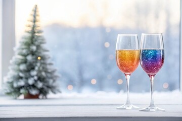 Champagne glass with colorful drink against snowy backdrop
