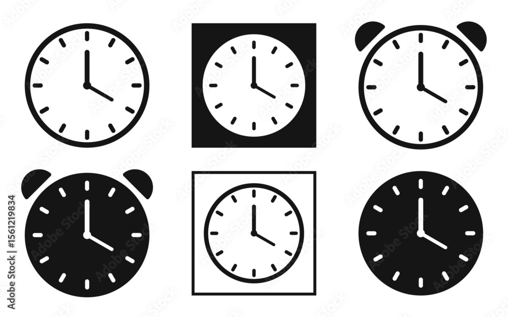 Poster clock icon set time watch vector buttons alarm hour countdown timer sign symbol outline stroke black