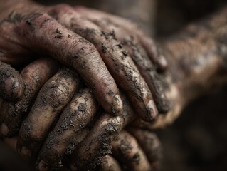 Muddy Hands Clasped Together Symbolizing Teamwork and Trust