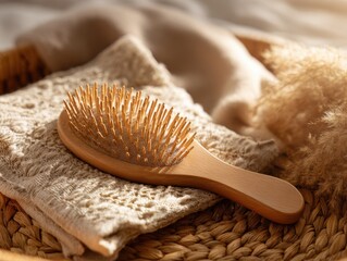 Natural Bamboo Hairbrush on a Woven Mat with Soft Textiles Nearby