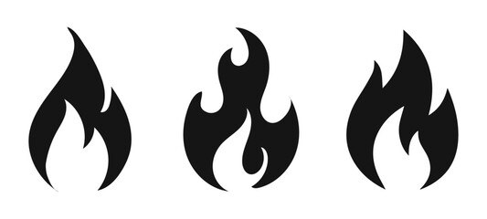 Fire icon set flames flammable sign symbol vcetor buttons heat light ignite burning hot silhouette flat illustration