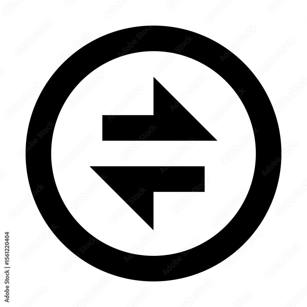 Poster black circle containing two horizontal arrows pointing in opposite directions on a white background
