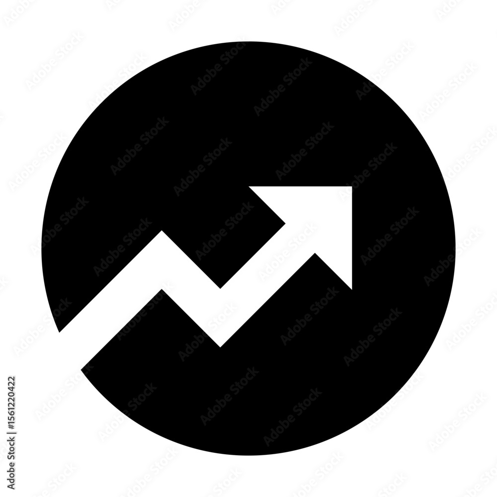 Poster white arrow pointing upwards with a zigzag path inside a black circle on a white background design e