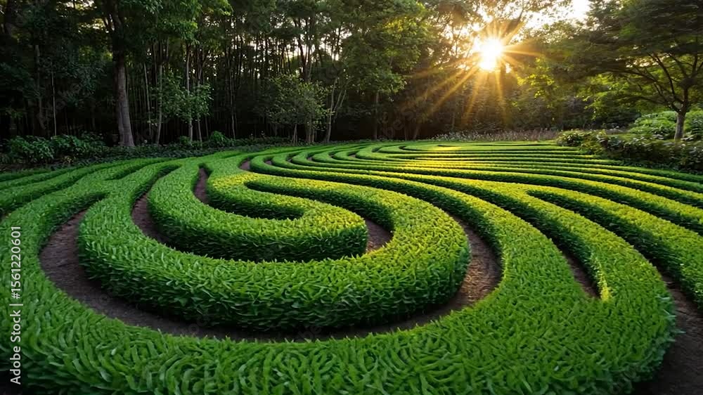 Poster a verdant hedge maze basks in golden sunlight. the labyrinthine design features spiraling green path
