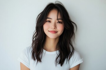 Fototapeta premium Young Asian woman standing and smiling, isolated on the background, reflecting happiness and confidence, Generative AI
