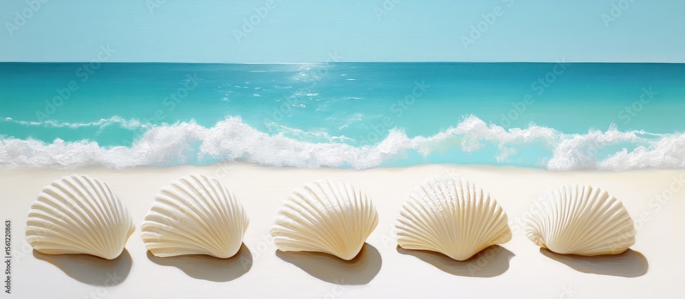 Poster five elegant seashells arrayed against the mesmerizing backdrop of an ocean beach paradise