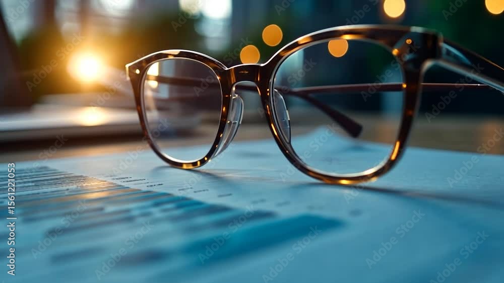 Poster Close-up of eyeglasses on business document with graph patterns illuminated by warm lighting and bokeh background focused on detail and work. 
