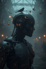 Fototapeta premium A dark detailed robotic figure with intricate mechanical parts is observed from the side with a bird perched on its head and other birds flying around
