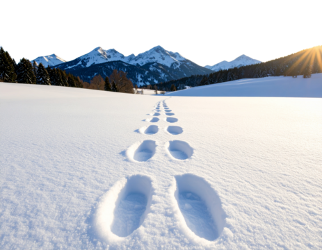 Fresh Footprints in Deep Snow Heading to Majestic Mountain Horizon