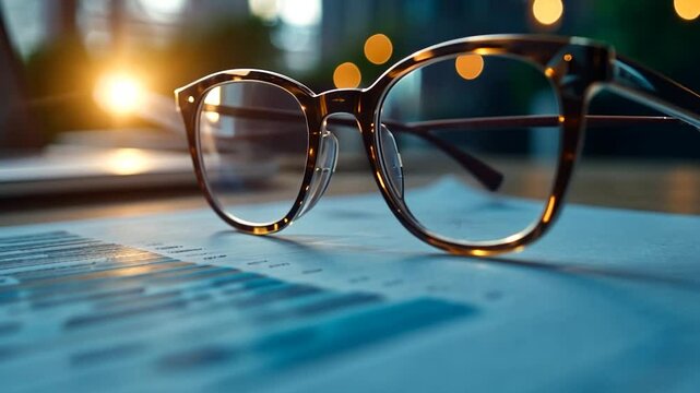 Close-up of eyeglasses on business document with graph patterns illuminated by warm lighting and bokeh background focused on detail and work. 