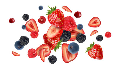 Mix berries fruits flying of Tropical fruits isolated on white background. Vector in 3D illustrations. Food concepts.