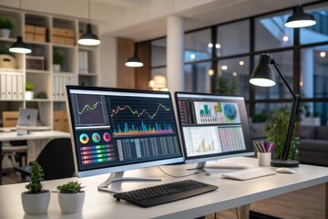 Naklejka premium Two computer monitors are on a desk with a keyboard and mouse