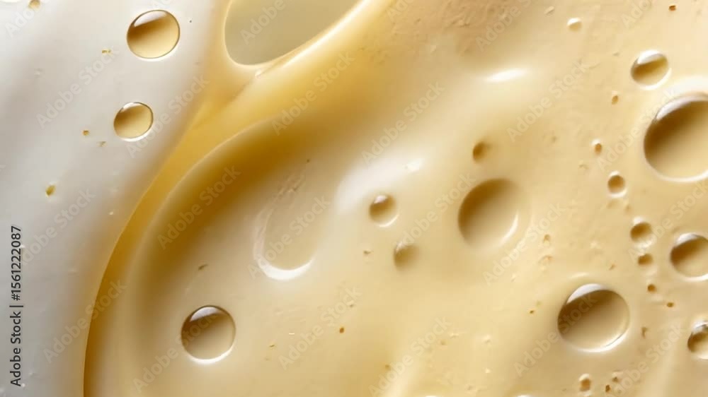Poster close-up of textured beverage foam with bubbles and circular patterns macro detail. light brown crea