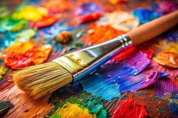 Obraz premium A paintbrush is sitting on a table with a variety of colorful paint