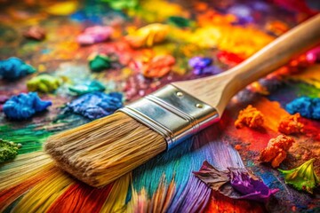 Fototapeta premium A paintbrush is sitting on a table with a variety of colorful paint