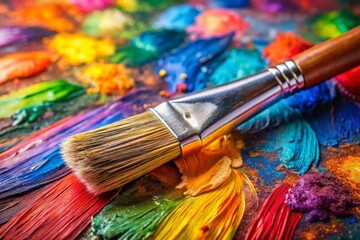 Fototapeta premium A paintbrush is sitting on a table with a variety of colorful paint