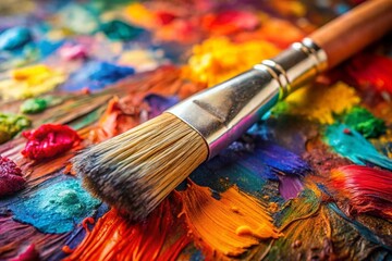 Obraz premium A paintbrush is sitting on a table with a variety of colorful paint